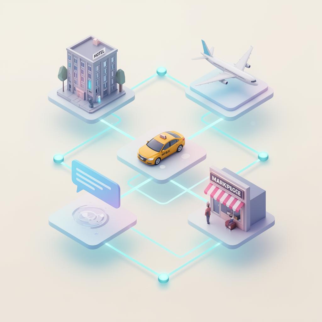 Liamtrade ecosystem — hotels, flights, taxis, marketplace and chat connected on one network